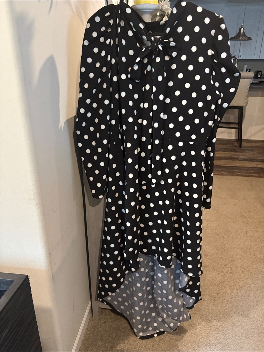 Black & White Polka Dot High-Low Tie-Neck Dress
